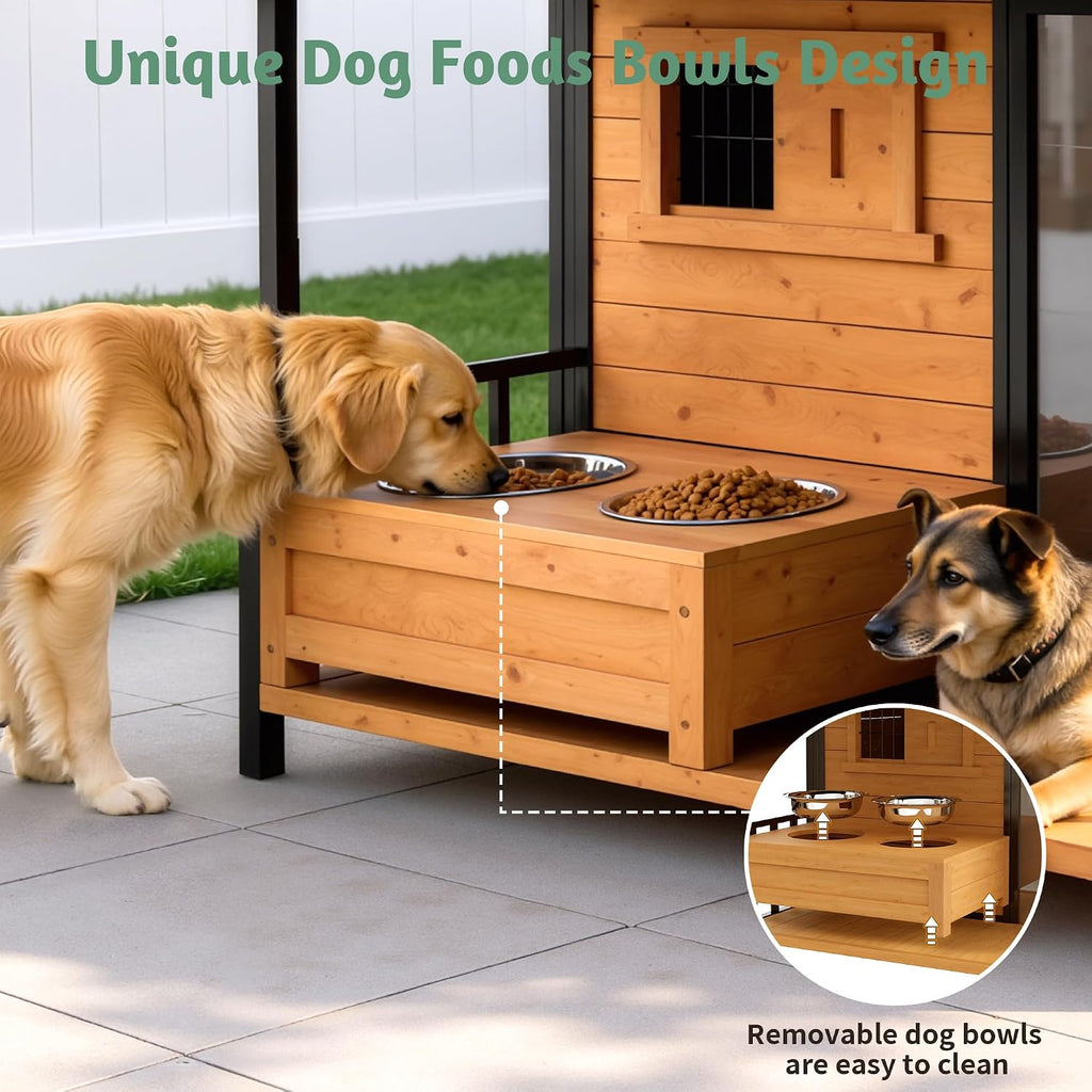 Large Outdoor Dog House with Porch & Dog Bowls for Large Dogs