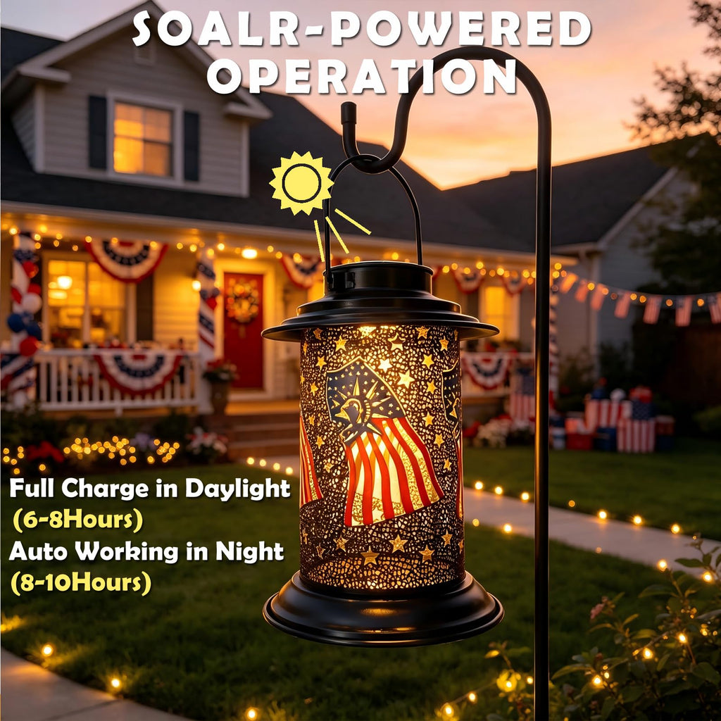 Patriotic Solar Lantern Outdoor American Flag Pattern with Shepherds Hook