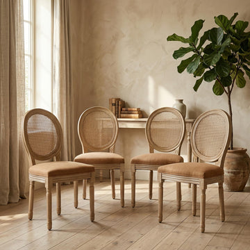 Vintage French Country Dining Chairs Set of 4, Farmhouse Rattan Dining Room Chairs with Round Back, Linen Upholstered