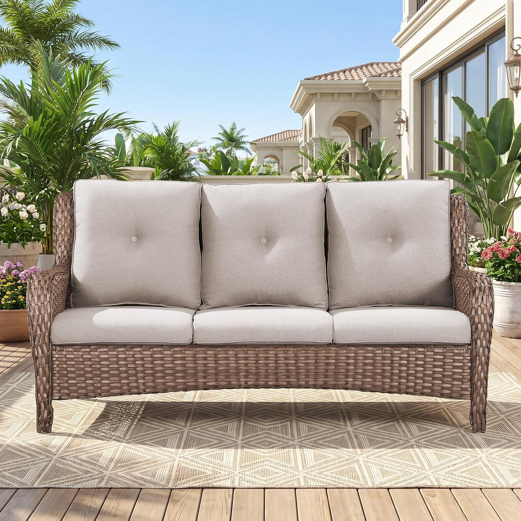 Patio Sofa Luxury PE Wicker 3-Seater Outdoor Couch, Modern All-Weather High Back Deep Seat Woven Furniture Set for