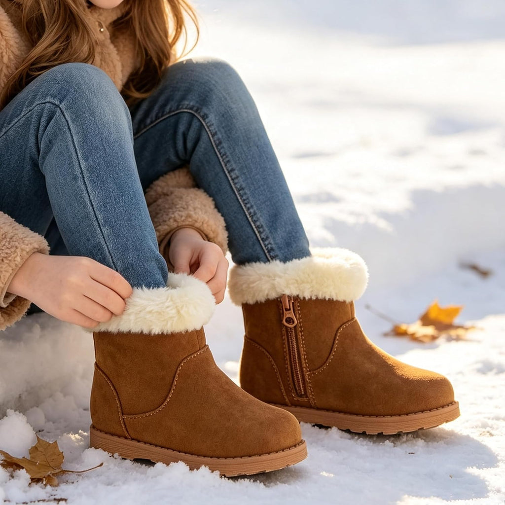 Girls-Boots-Warm-Ankle-Winter-Boots Kids Soft Plush Lining Fur Collar with Zipper Snow Bootie Indoor Outdoor Shoes