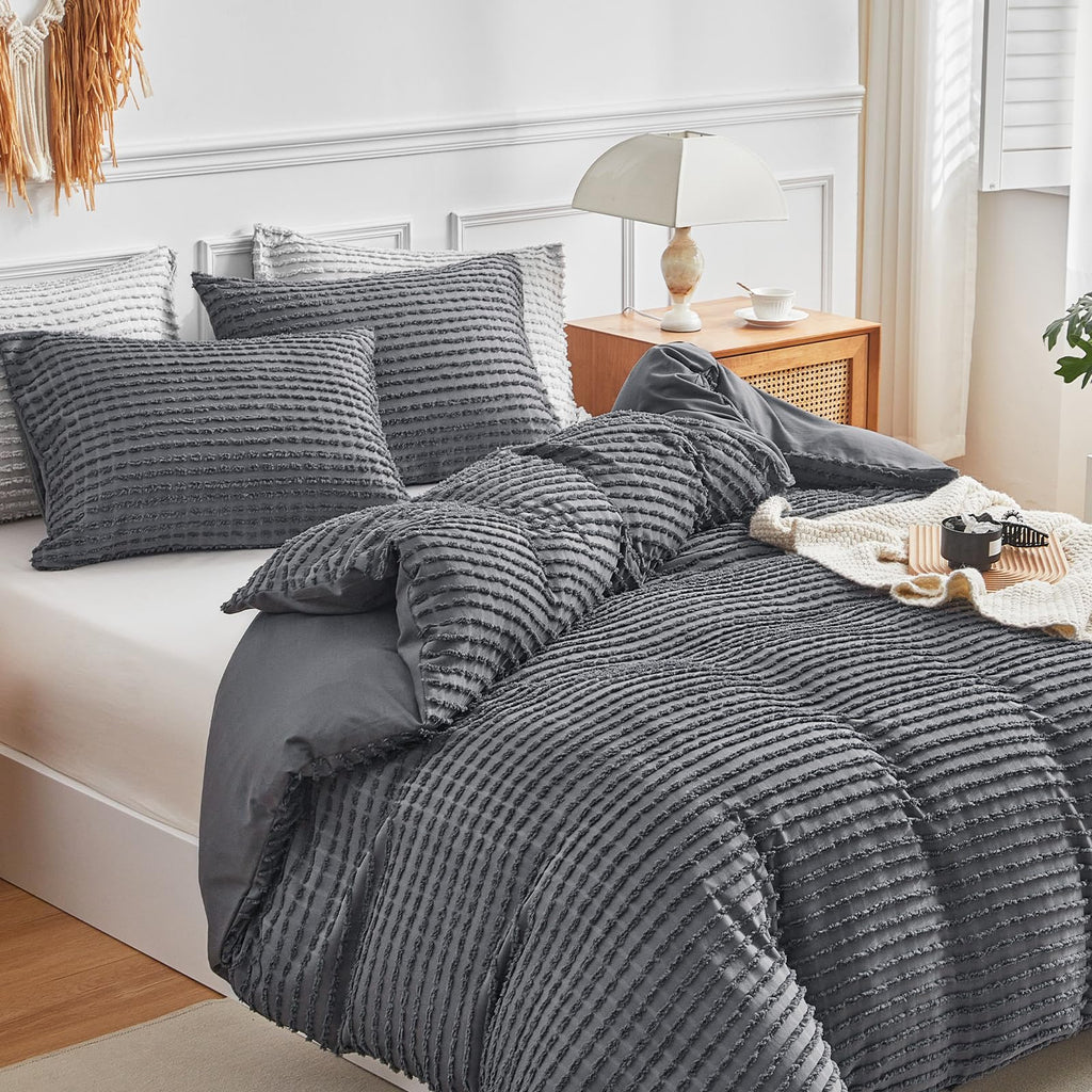 Dark Grey Boho Duvet Cover Set King Size, Tuft Texture, 3-Piece