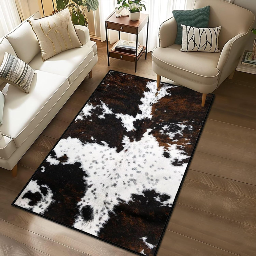 Cowhide Area Rug Western Rug Ultra-Thin Washable Throw Carpet Brown Cow Print Rugs Indoor Vintage Rugs Non Slip