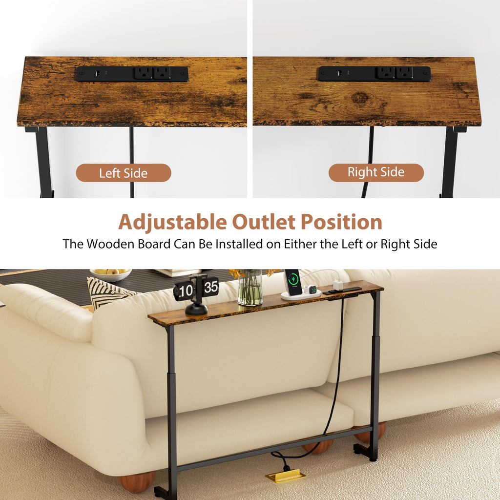 45" Adjustable Height Narrow Console Table with Power Outlets, Long Sofa Table with Charging Station Behind Couch