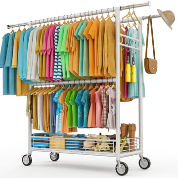 Heavy Duty Clothes Rack Load 960LBS, Three Rods Rolling Clothing Racks for Hanging Clothes, Rolling Garment Rack With