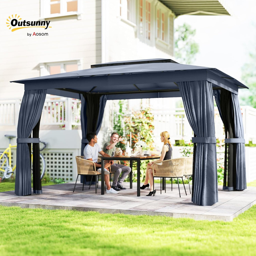 10' x 12' Outdoor Patio Gazebo, Heavy Duty Gazebo Canopy Shelter with Double Roof, Curtains, Netting, Steel Frame