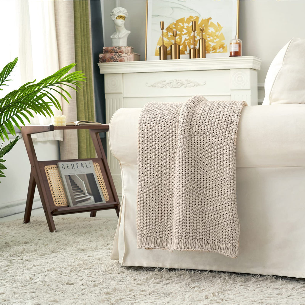 Chunky Cable Knit Throw Blanket Lightweight Beige 100% Organic Cotton Blanket for Sofa Couch Bed Baby Nursery, Rustic