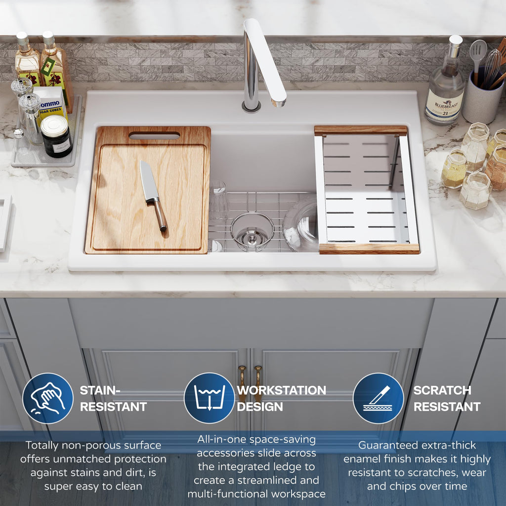 33 White Fireclay Workstation, Drop In Porcelain Ceramic 33x22 inch White Sink Ledge Accessories Above Counter Single