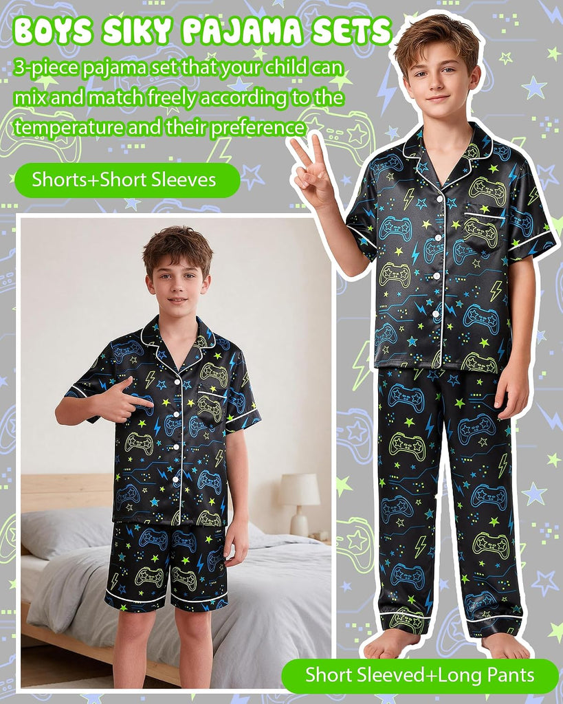 Boys Pajamas Silky Satin Piece Pant Shirt Shorts Sleepwear Pjs Set for Kids Button Down Loungewear