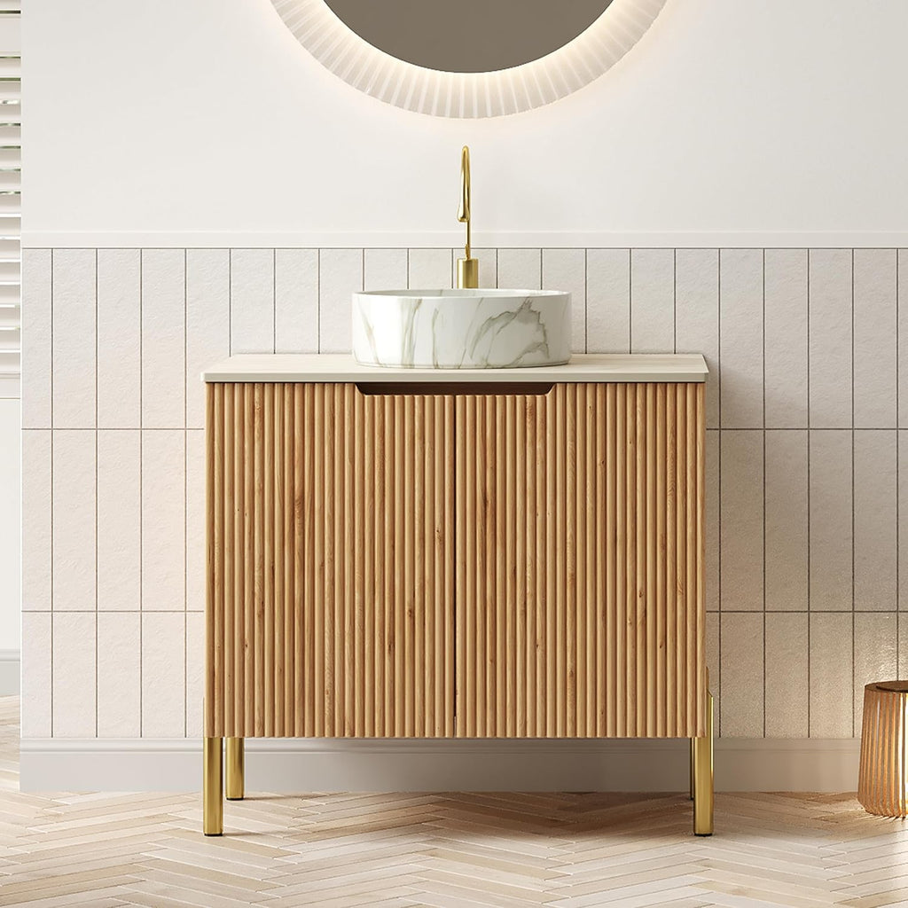 30-Inch Bathroom Vanity with Sink, Freestanding Modern Cabinet with Ceramic Basin, Soft-Closing Double Doors, Travertine-Pattern Sintered Stone Countertop, Natural Wood Finish