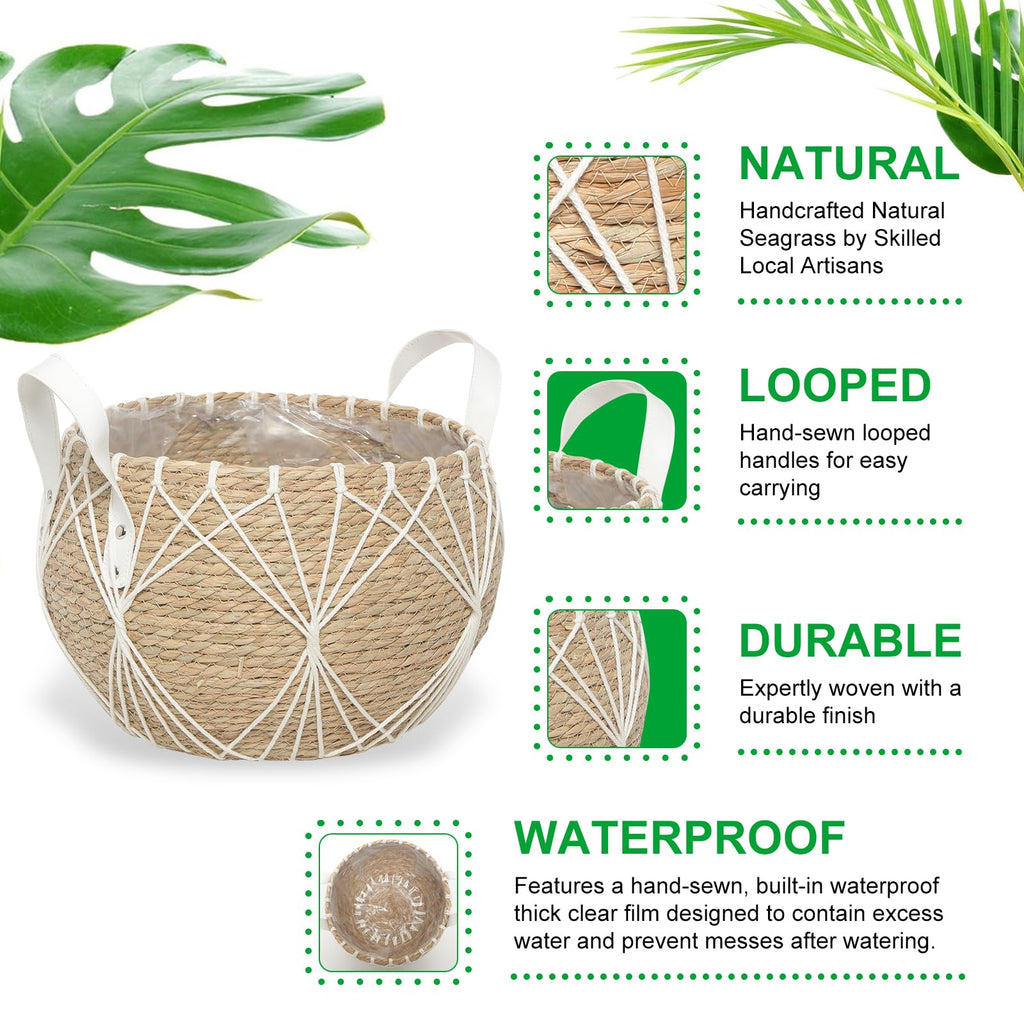 Seagrass White Indoor Planter Basket, Waterproof Picnic Basket, Storage Basket, Handwoven with Waterproof Liner (A