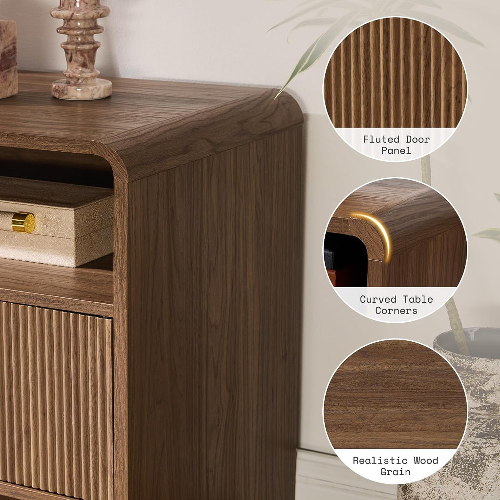 70" Fluted Wood TV Stand for TVs up to 80", Media Console Entertainment Center with Storage Cabinets for Living Room