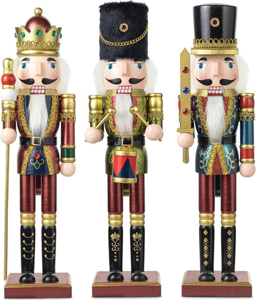 Christmas Nutcracker Set of 3 15-Inch Wooden King and Soldier Nutcracker Figurine Display Set for Christmas