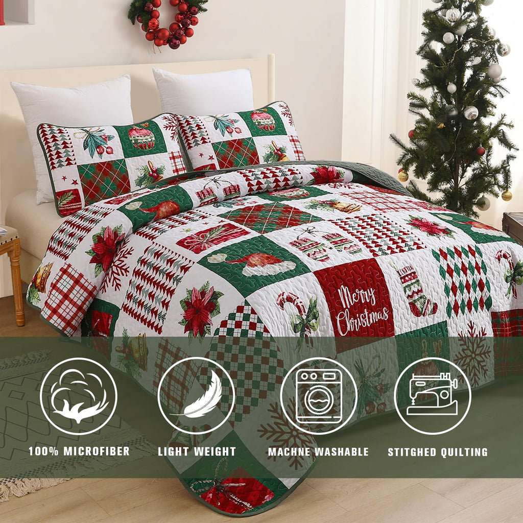 Christmas Quilt Set King Size, Christmas Patchwork Bedding Set