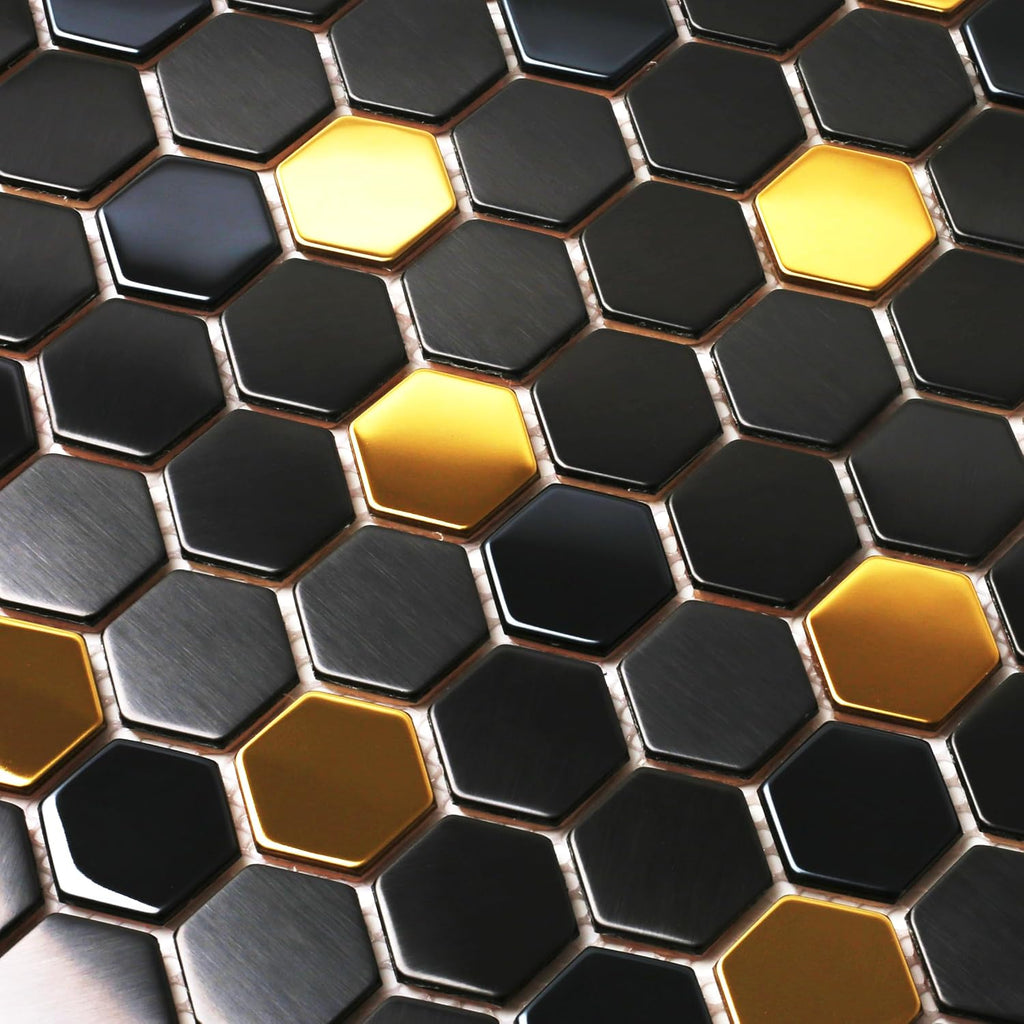 Black and Gold Backsplash Wall Hexagon Mosaic Shower Floor Tile Kitchen Bathroom Tile (Box of 5 Sheets)