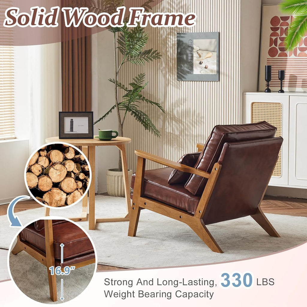 Solid Wood Wide Armrests Accent Chair,Upholstered Mid Century Modern Chair with Pillow,Comfy Reading Chair Farmhouse
