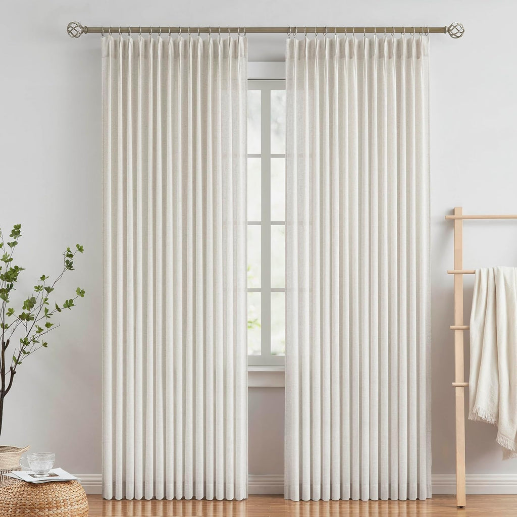 Natural Pinch Pleated Semi Sheer Curtains Textured Linen Blended Light Filtering Window Curtains 90 inch for Living