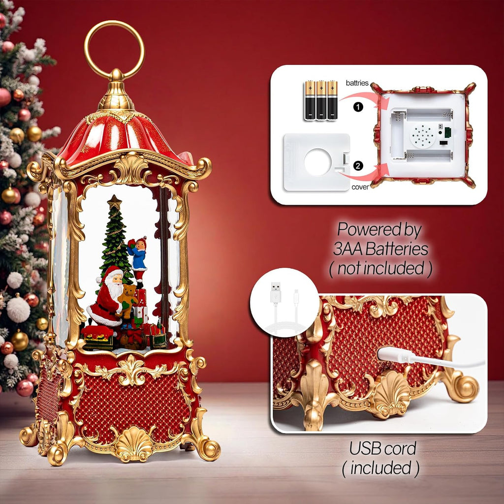 14" Christmas Snow Globe Lantern with Santa Claus - Swirling Glitter LED Light Musical Water Lantern with Rotatable