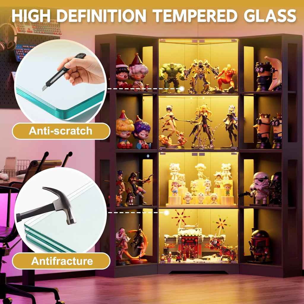Corner Display Curio Cabinet with Glass Doors,65" Lighted Collectibles Showcase with 3 Color LED Lights,4-Tier