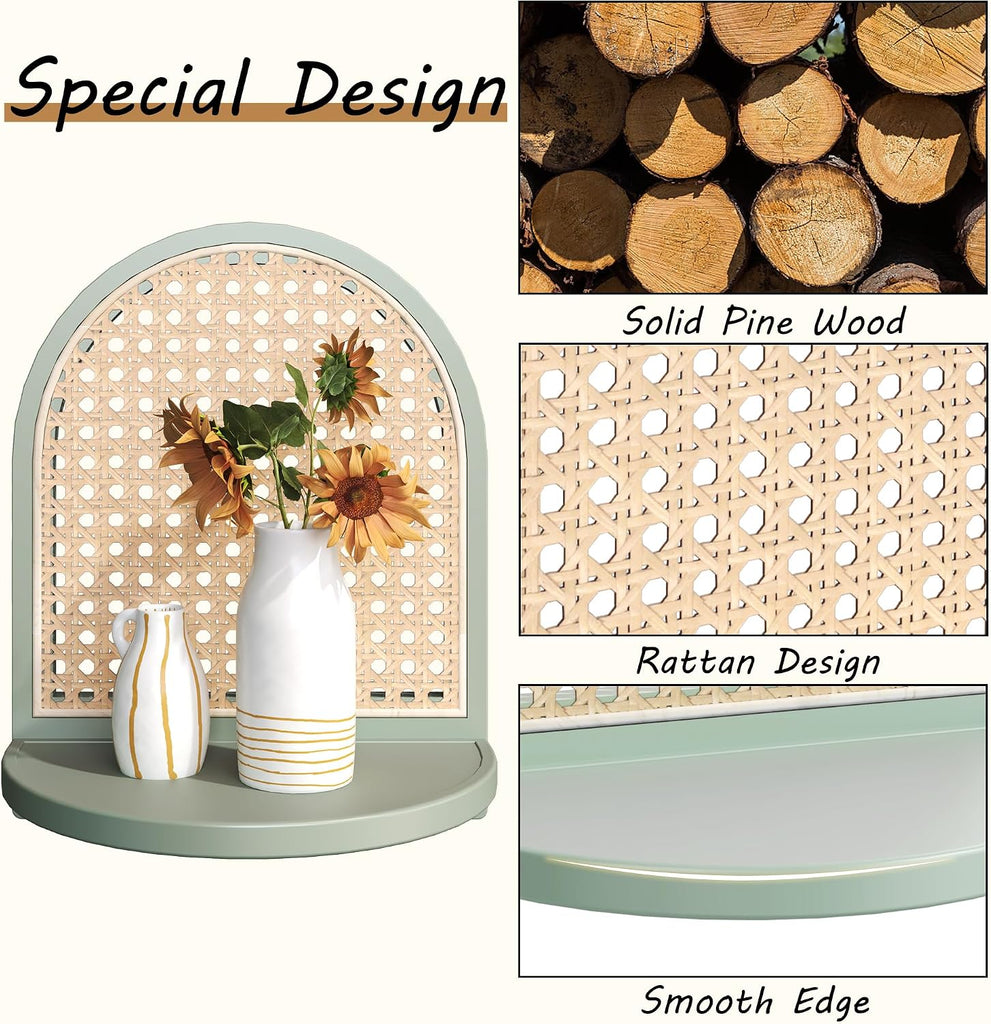 Arched Rattan Wall Shelf - Boho Rattan Floating Shelf with Grooved Edge, Unique Small Display Shelves, Natural Pine