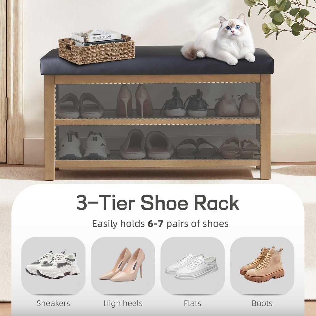 Shoe Rack Bench with Leather Cushion, 2 Tier Solid Wood Storage Bench, Mid-Century Modern Shoe Bench, Closet, Front