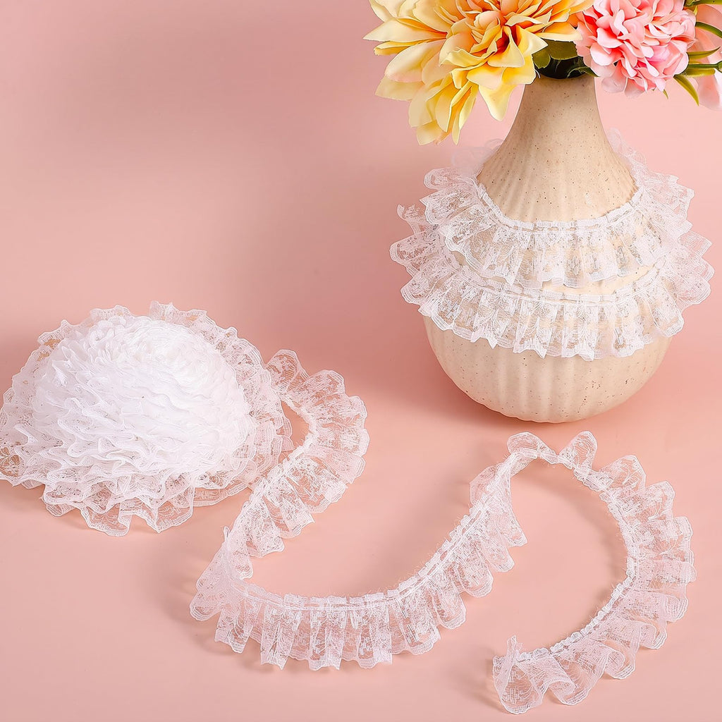 22 Yards White Lace Ruffle Trim, 20m Pleated Lace Trim Ribbon, Polyester Fabric Ribbon for Sewing Bridal Wedding