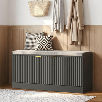2-Tier Fluted Shoe Storage Bench with Adjustable Shelves and Cushion, Black丨Entryway Shoe Bench Hidden Shoe Cabinet