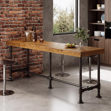 70.9-Inch Long Solid Wood Bar Table for 6-8 People, Industrial Narrow Counter Height Pub Table with Metal Footrest