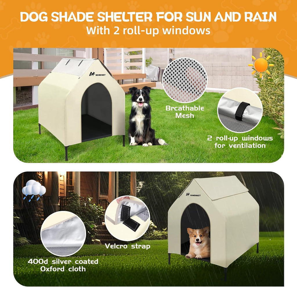 Outdoor Dog House, 2-in-1 Dog House for Small/Medium Dogs, Thicken Weatherproof Canopy Puppy Shelter Elevated Dog Bed