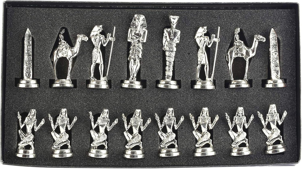 Historical Egypt Pharaoh Figures Metal Chess Set for Adults, Handmade Pieces and Natural Solid Wooden Chess Board