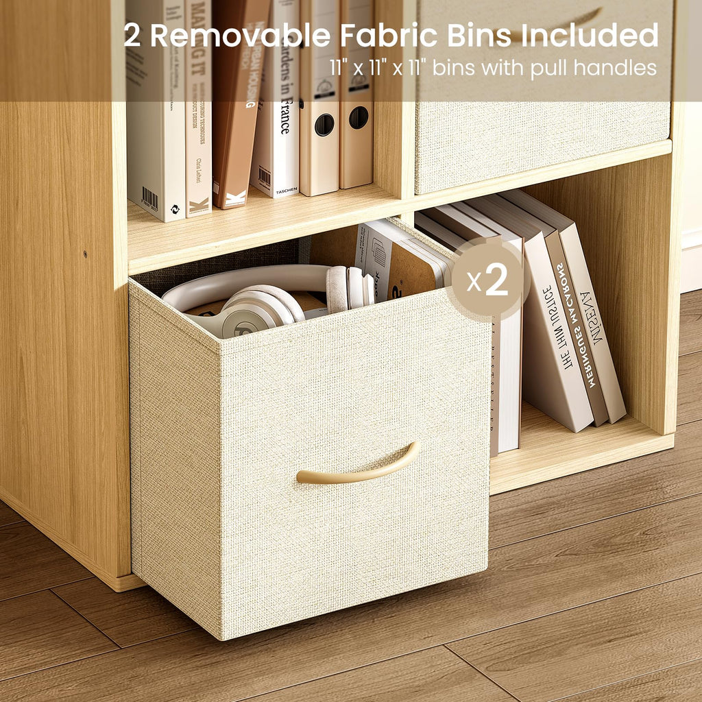 4 Cube Storage Organizer - Solid Wood Bookshelf with 2 Storage Bins, Cube Shelf with 2 Removable Back Panels