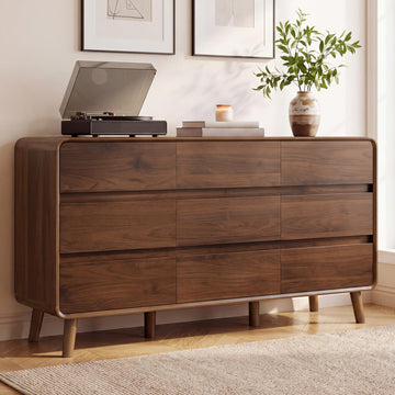 9 Drawer Dresser, 55 Inch Mid Century Modern Dresser, Wooden Storage Chest of Drawers, Walnut