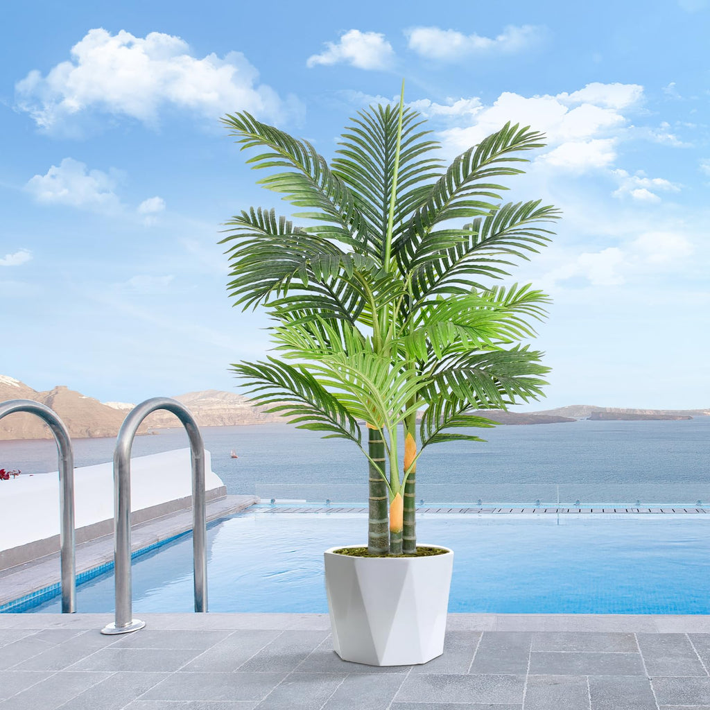 4ft Tall Triple Golden Cane Palm Artificial Tree Large Tropical Palm Tree UV Resistant Fake Plant in Pot for Indoor