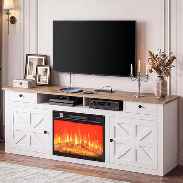 Farmhouse TV Stand with Fireplace for 75" TVs, White