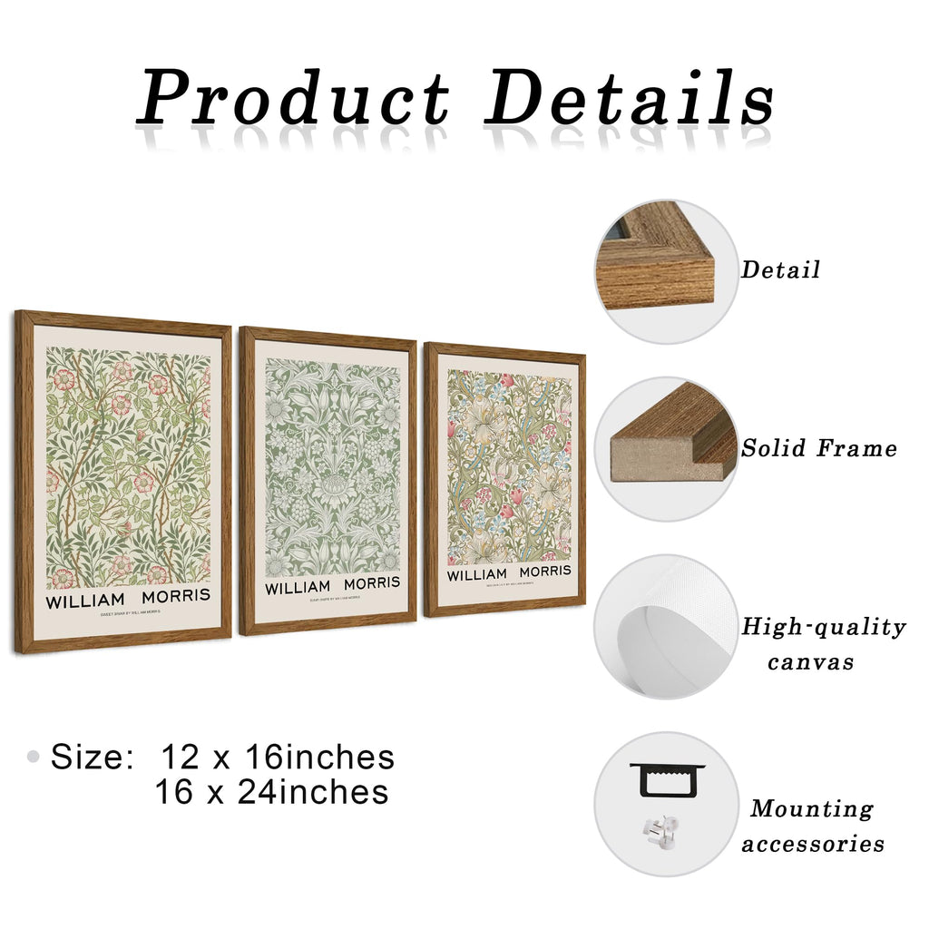 William Morris Wall Art Set of 3, Solid Wood Frames, 12 x 16 in Each