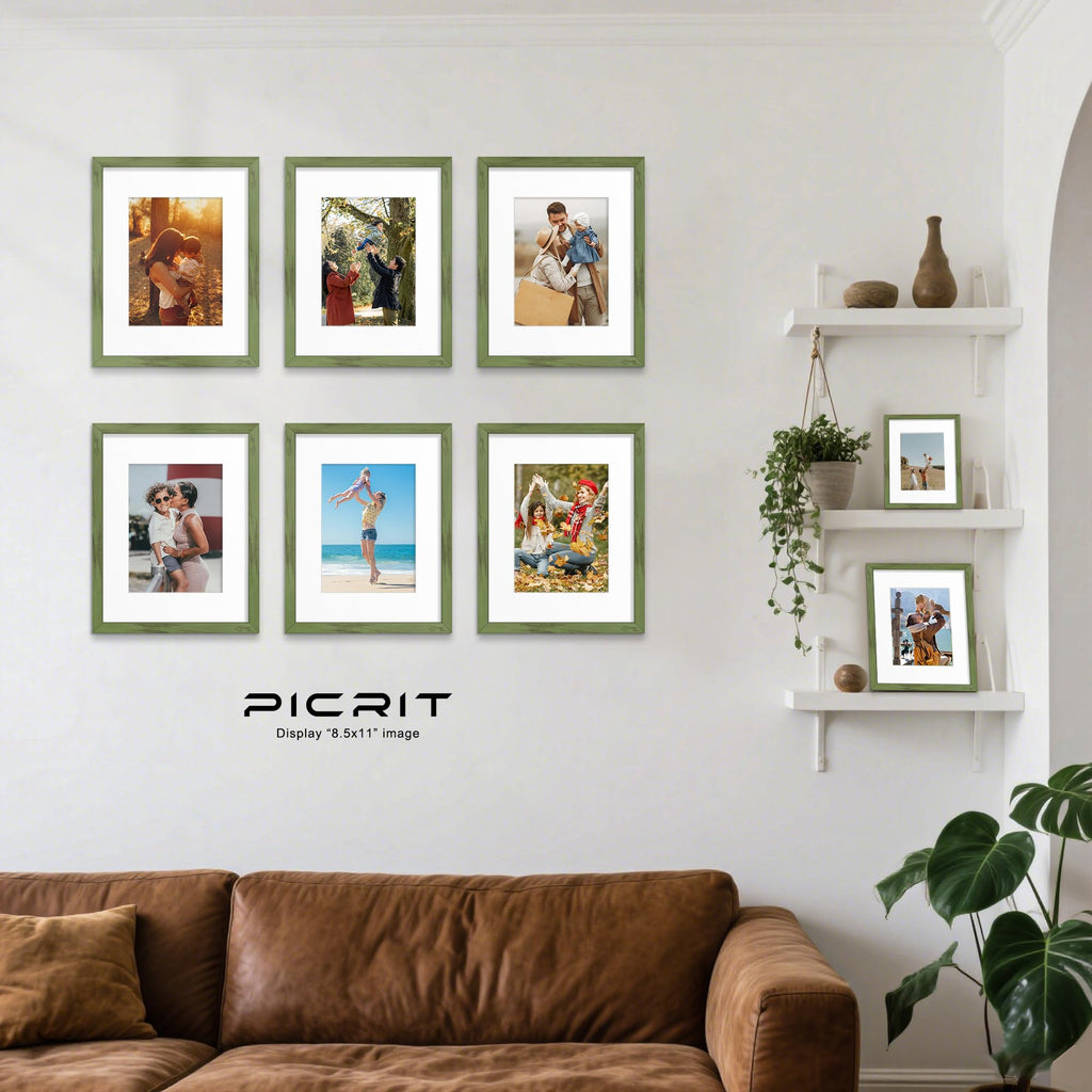 8.5x11 Picture Frame Set of 12, Gallery Wall Frames, Green Wood