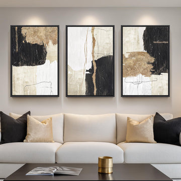 Framed Black and White Gold Abstract Wall Art, 24x36 Inch