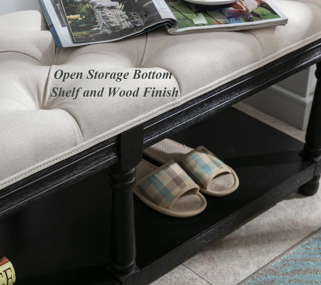 Mid-Century Tufted Storage Bench with Shelf, Linen Upholstered Farmhouse Entryway Shoe Bench Ottoman Bed End Stool