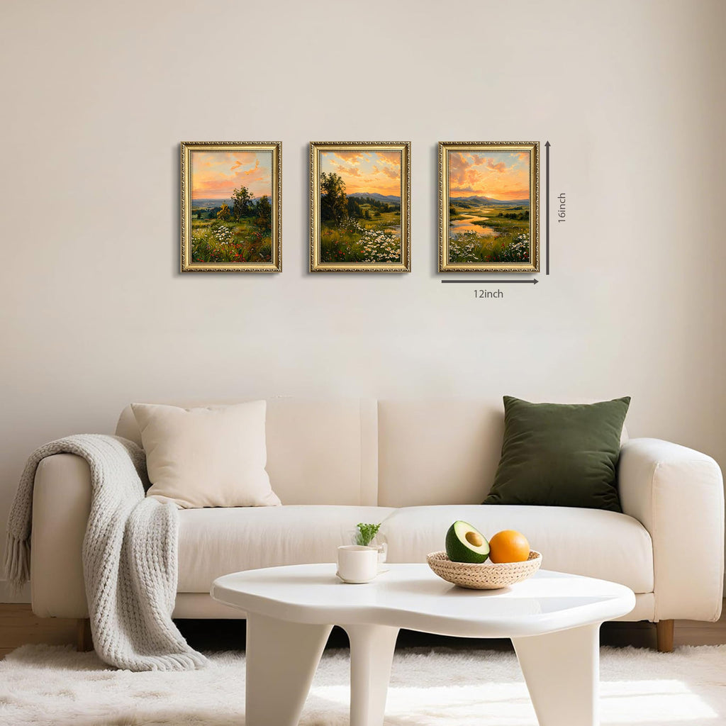 Gold Framed Vintage Landscape Wall Art Set of 3, Sunset Wildflower Meadow Picture Wall Decor, Rustic Farmhouse Nature