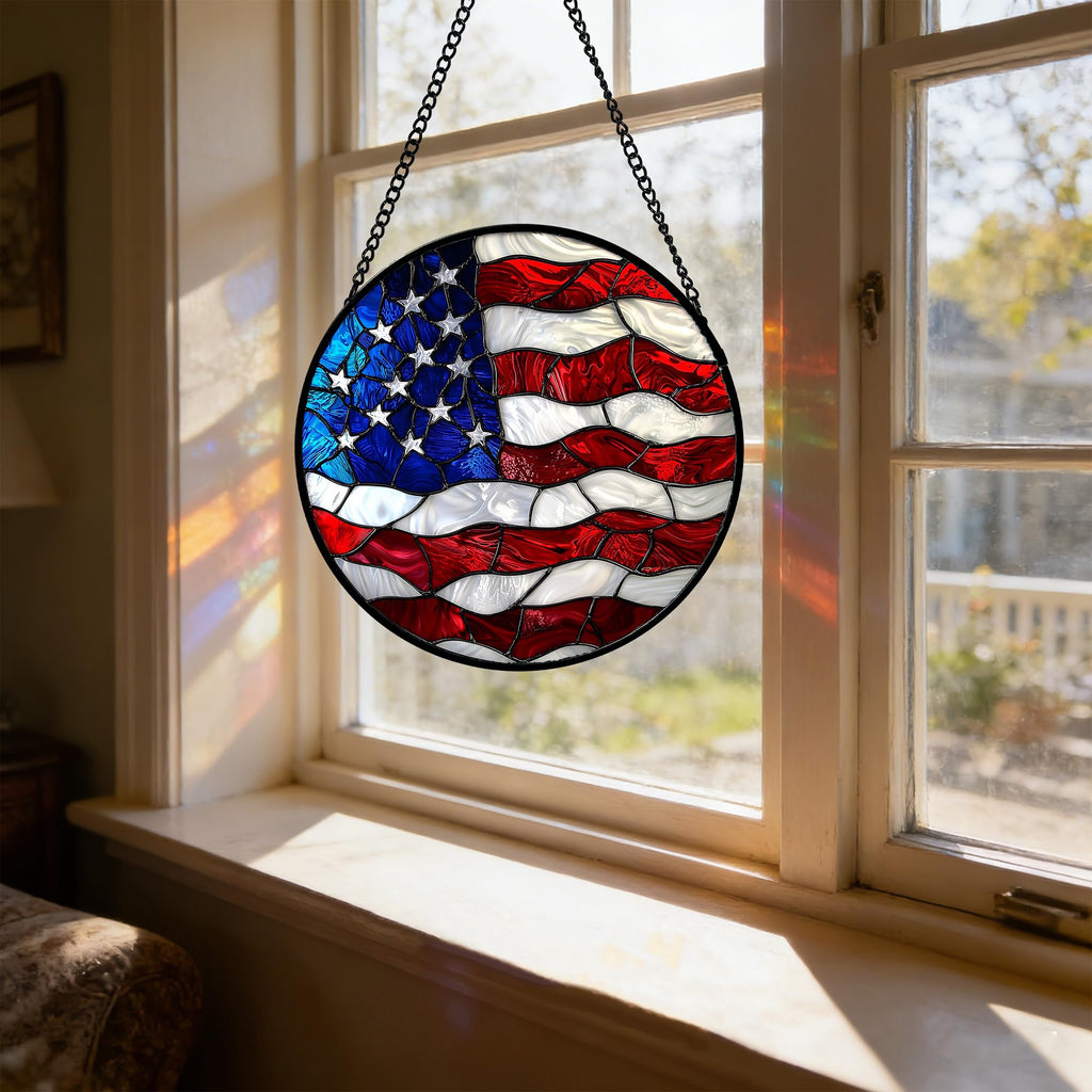 US National Flag Pattern Stained Glass Window Hanging Suncatcher Gifts 6.3"