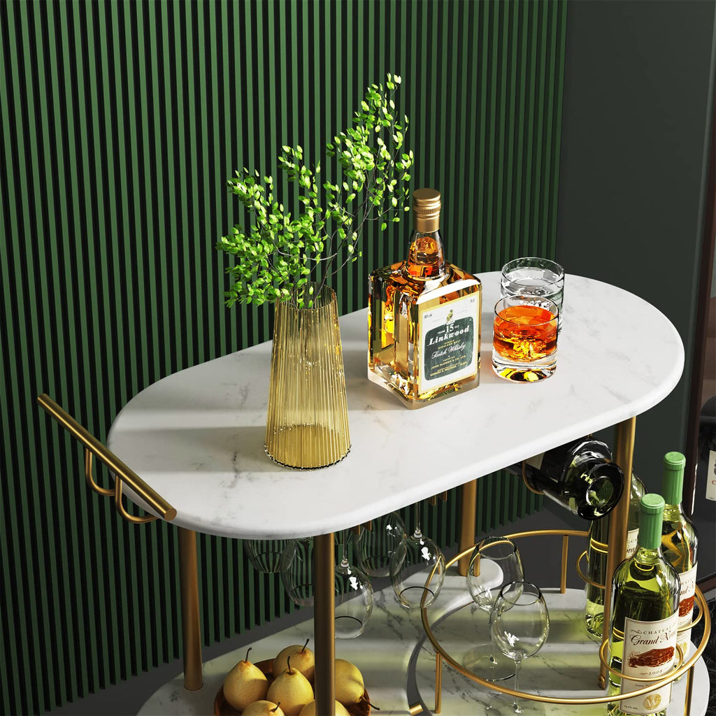 Gold Bar Carts with 4-Tier Storage Shelves, Mobile Bar Serving Cart with Wine Rack and Glass Holder, for The Home