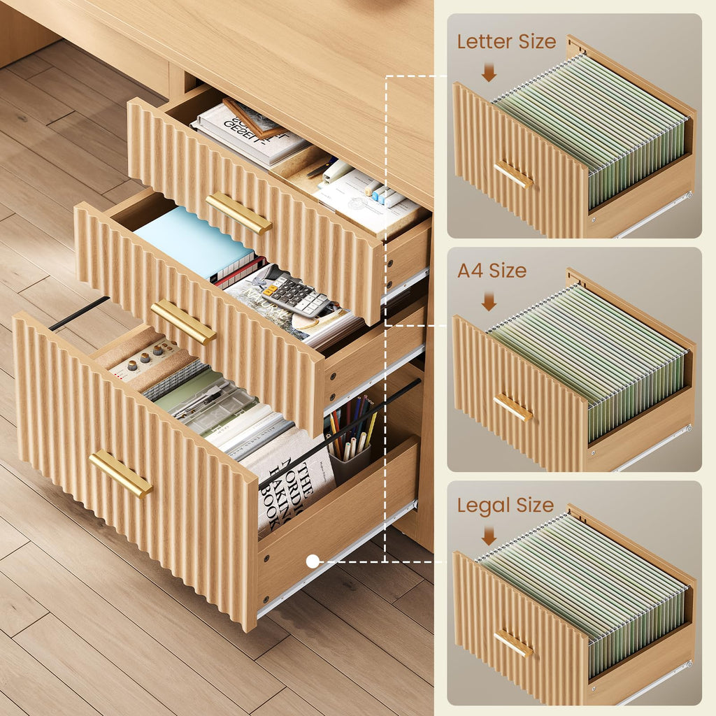Fluted L Shaped Standing Desk with Storage, Oak