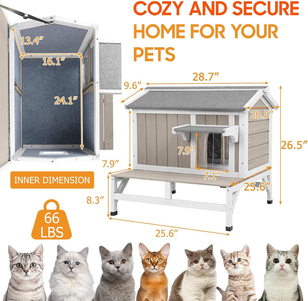 Insulated Outdoor Cat House with Balcony, Raised Feral Shelter
