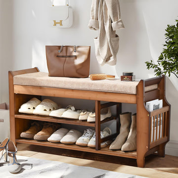 Shoe Bench with Hidden Drawer and Side Holder, 2 Tier Entryway Bench with Storage 39.4 in, Bamboo Shoe Rack with