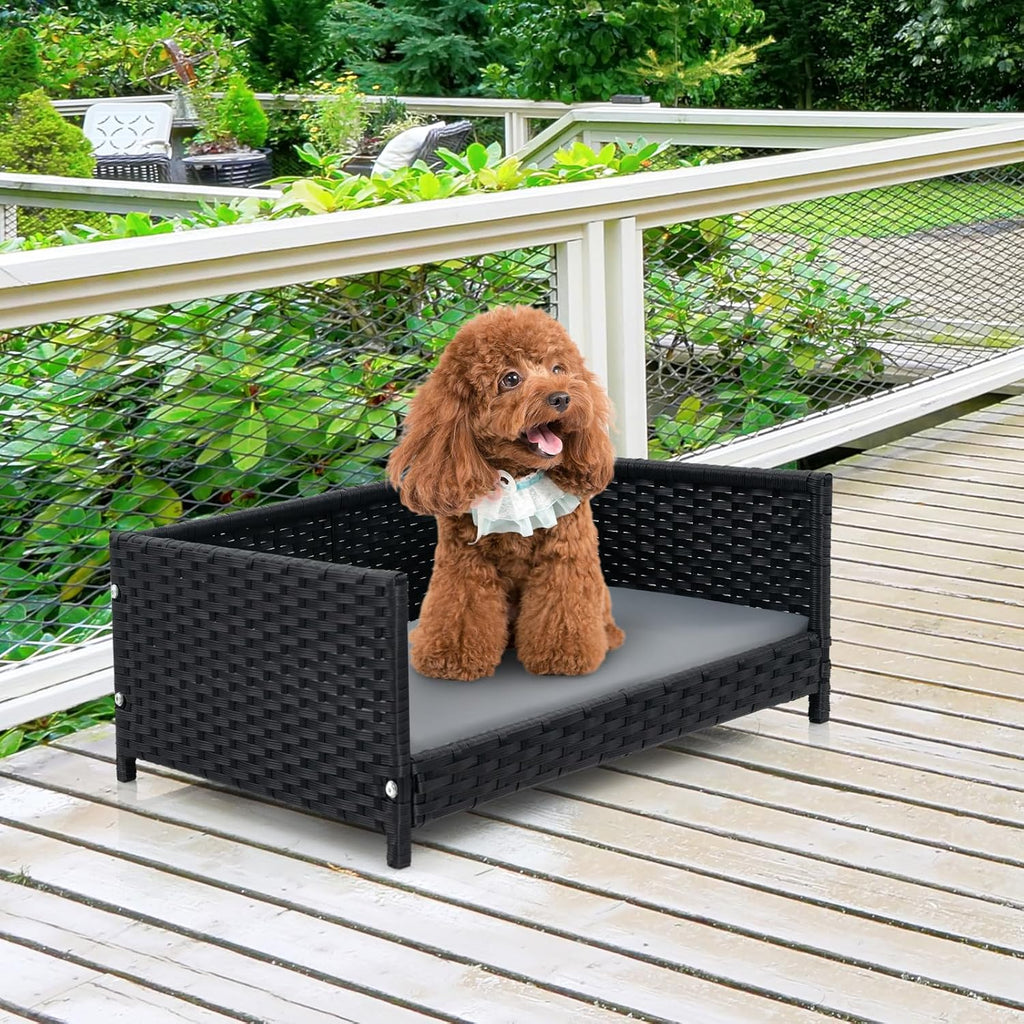 Wicker Dog Bed, Rattan Pet Bed with Metal Frame, Soft Waterproof Removable Cushion, Elevated Indoor Outdoor Dog Couch