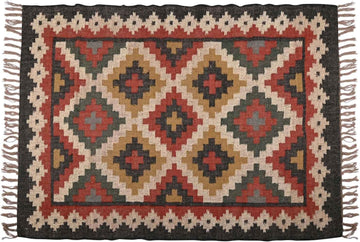 Geometric Kilim Wool Jute Rug - Natural Handwoven Flatweave, Bohemian Southwestern Style, Sustainable and