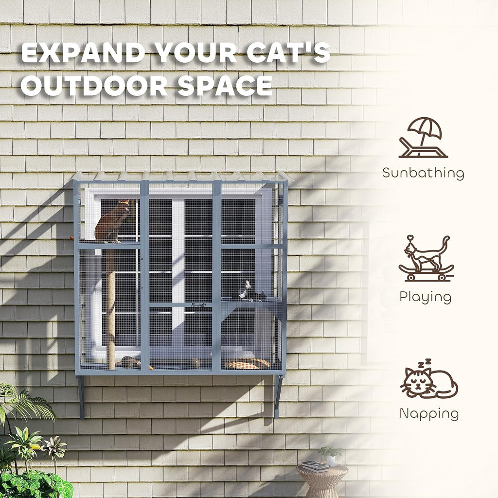 Outdoor Catio for 2-3 Large Indoor Cats 2 Jumping Platforms Gray