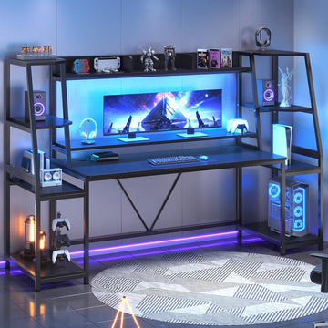 79'' Gaming Desk with LED Lights, Hutch and Storage Shelves, Black | Computer Desk with Monitor Stand, Large PC Gamer