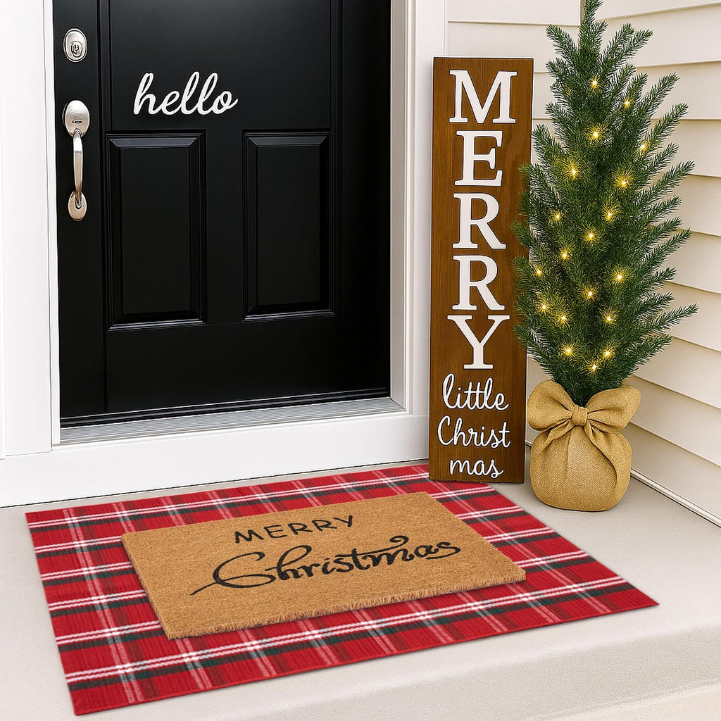 Christmas Door Mat Combo Set - 100% Coco Coir Welcome Mat + 3' x 5' Red Green White Plaid Rug, Christmas New Year