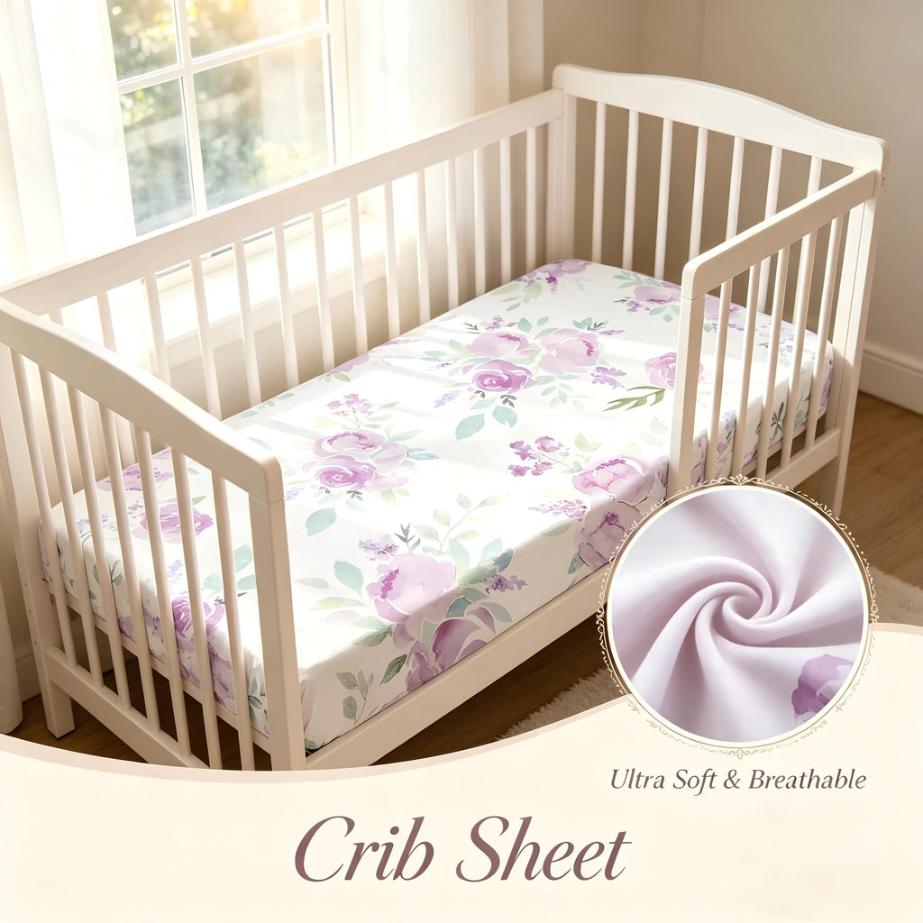 4 Piece Crib Bedding Set for Girls, Purple Flower Quilt, Crib Skirt, Diaper Stacker, Soft Microfiber Comforter, Cotton